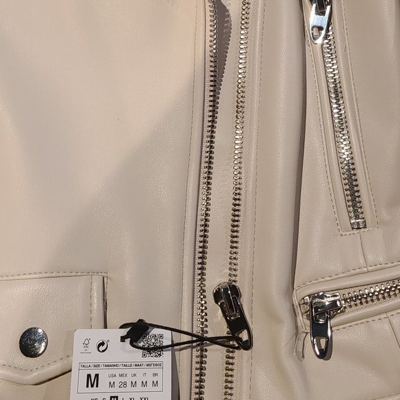 Nwt Zara faux leather biker moto jacket ecru size M - Picture 2 of 4